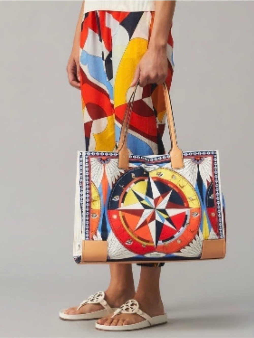 Tory Burch Ella Multicolor Compass-Print Tote with Tan Leather Handles